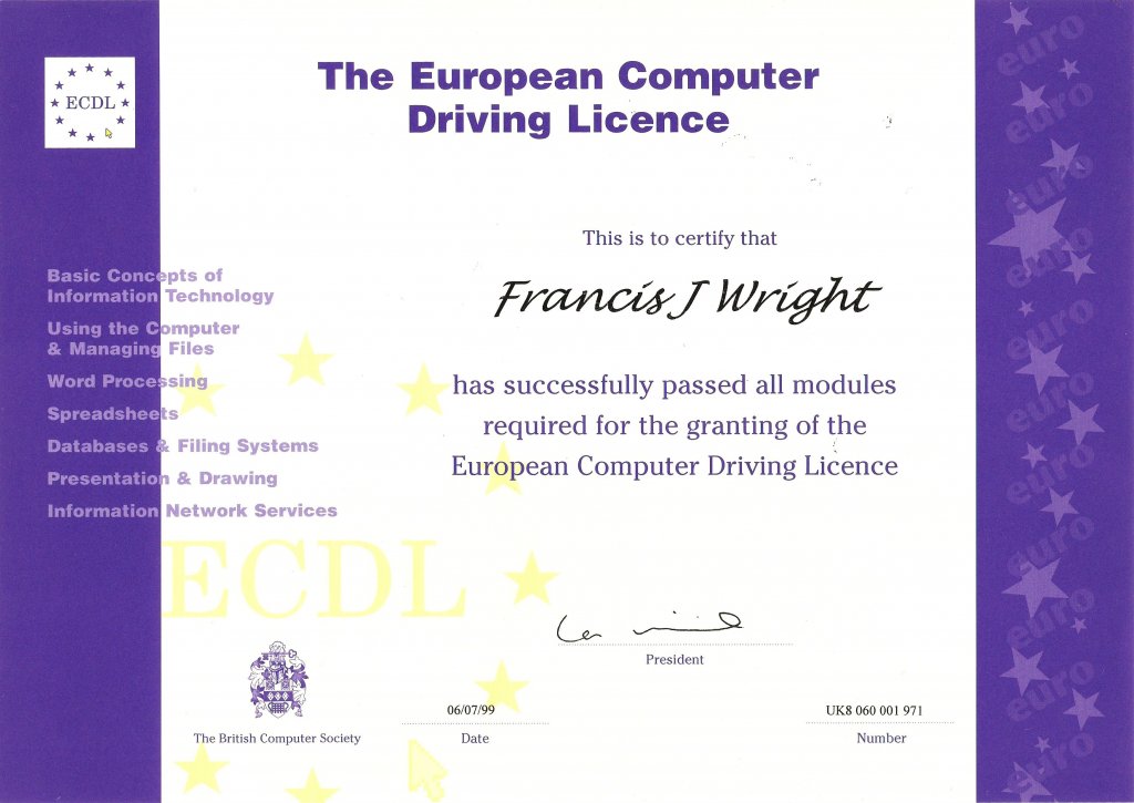 Scan of my European Computer Driving Licence