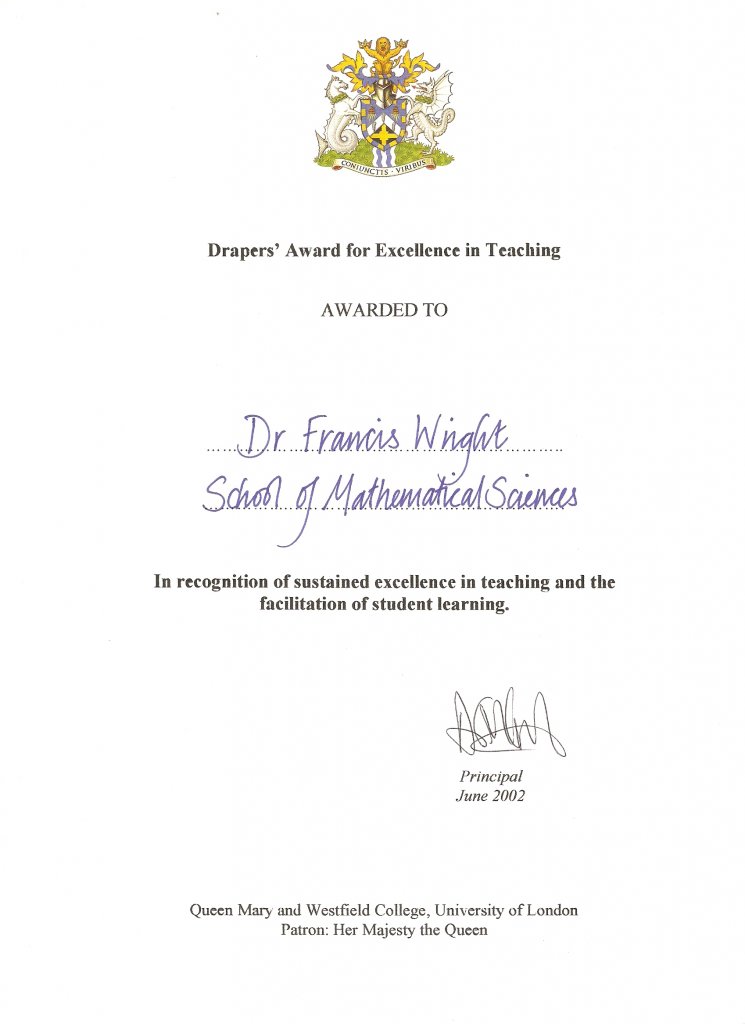 Scan of my Drapers' Award for Excellence in Teaching