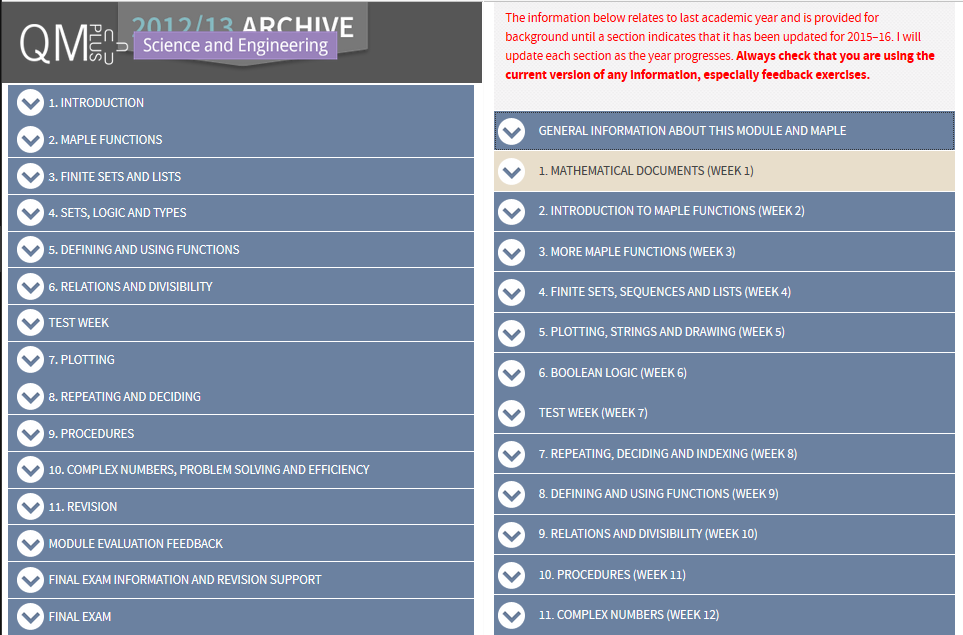  Screen shot comparing QMplus topics for my module in 2012-13 and 2015-16