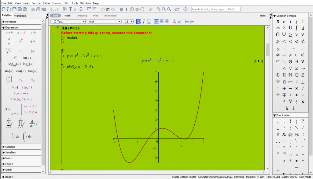 Screen shot showing a student's Maple exam answer with a green background